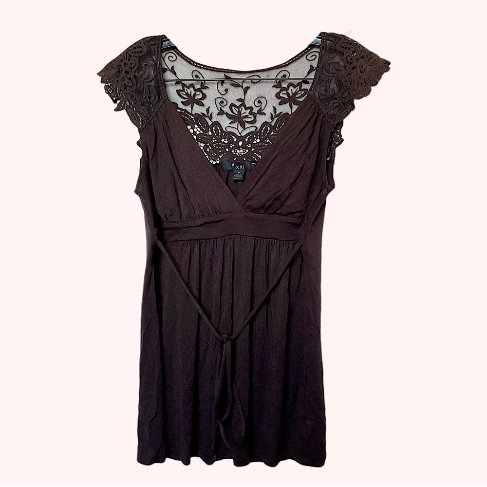 Y2k brown lace floral knit back blouse top sheer back V shape neck Womens medium